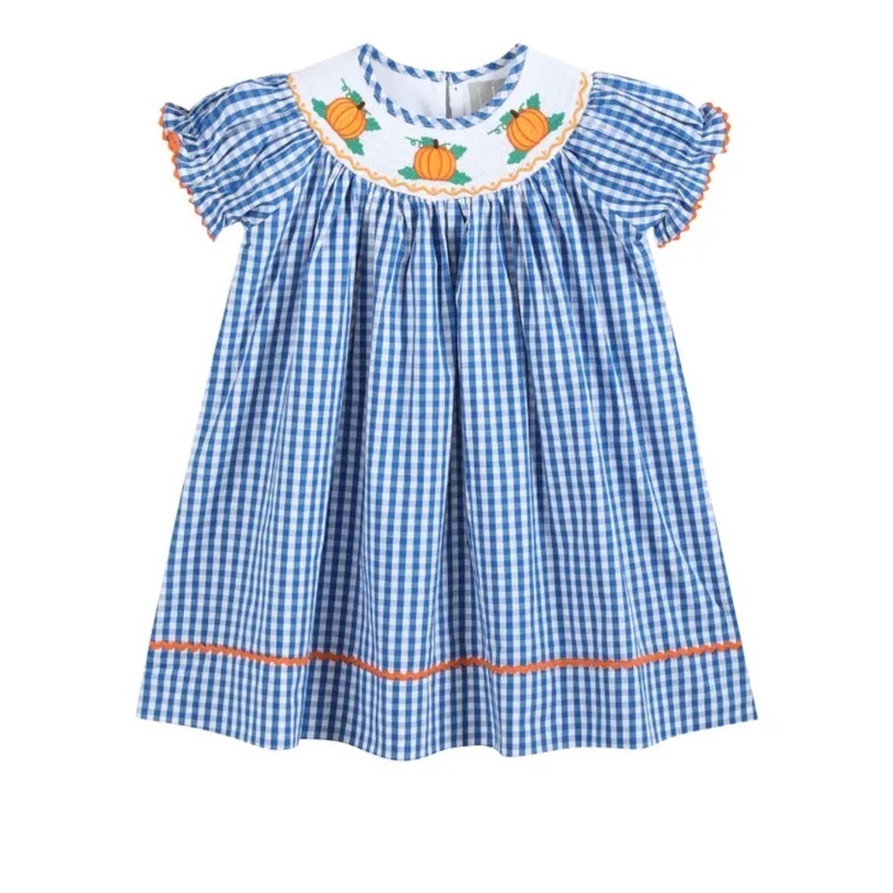 Lil Cactus - Royal Blue Gingham Pumpkin Smock m Dress | FALL Holiday 6-12M